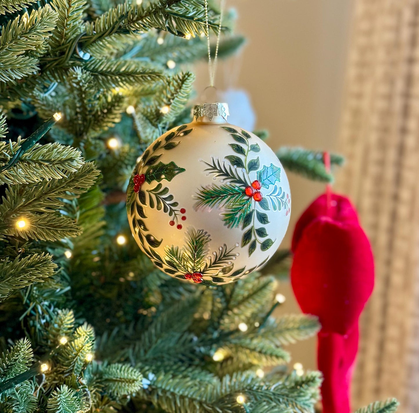 Large Holly & Pine Gold Glass Bauble