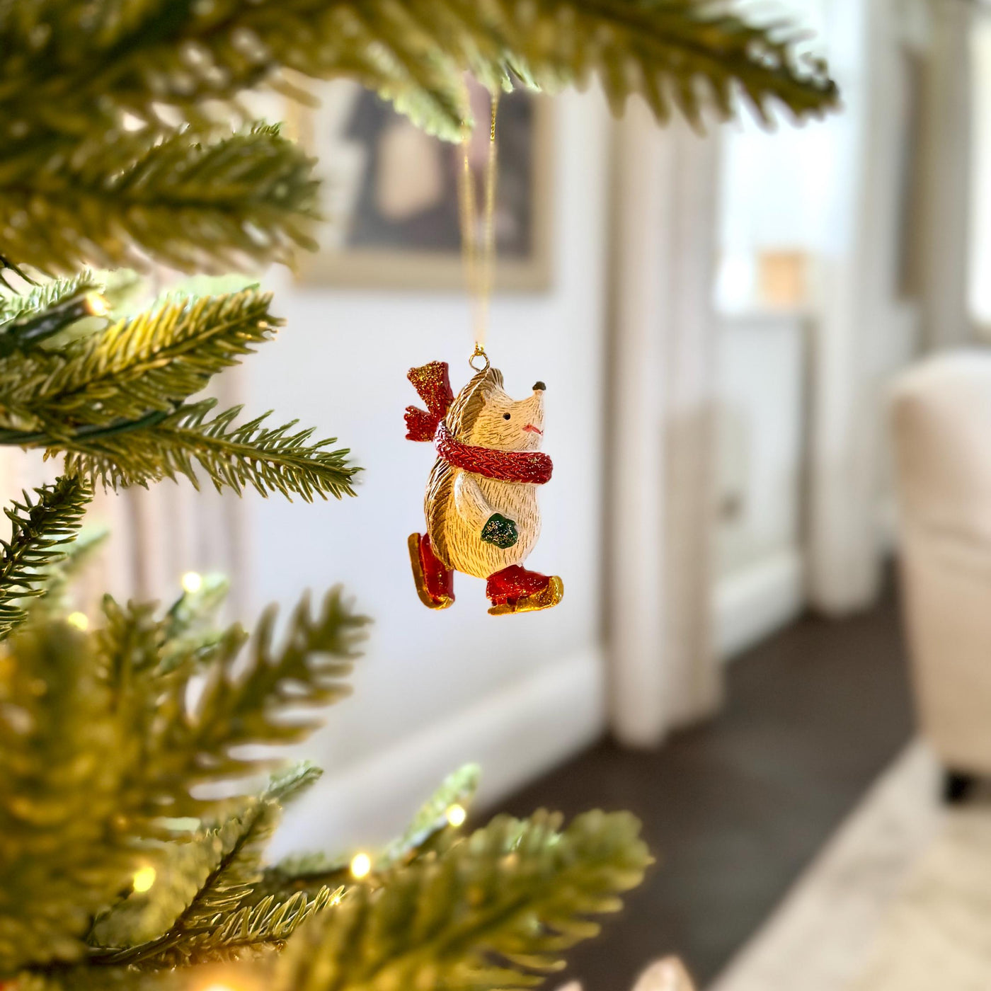 Mini Hedgehog Christmas Bauble with Red Scarf