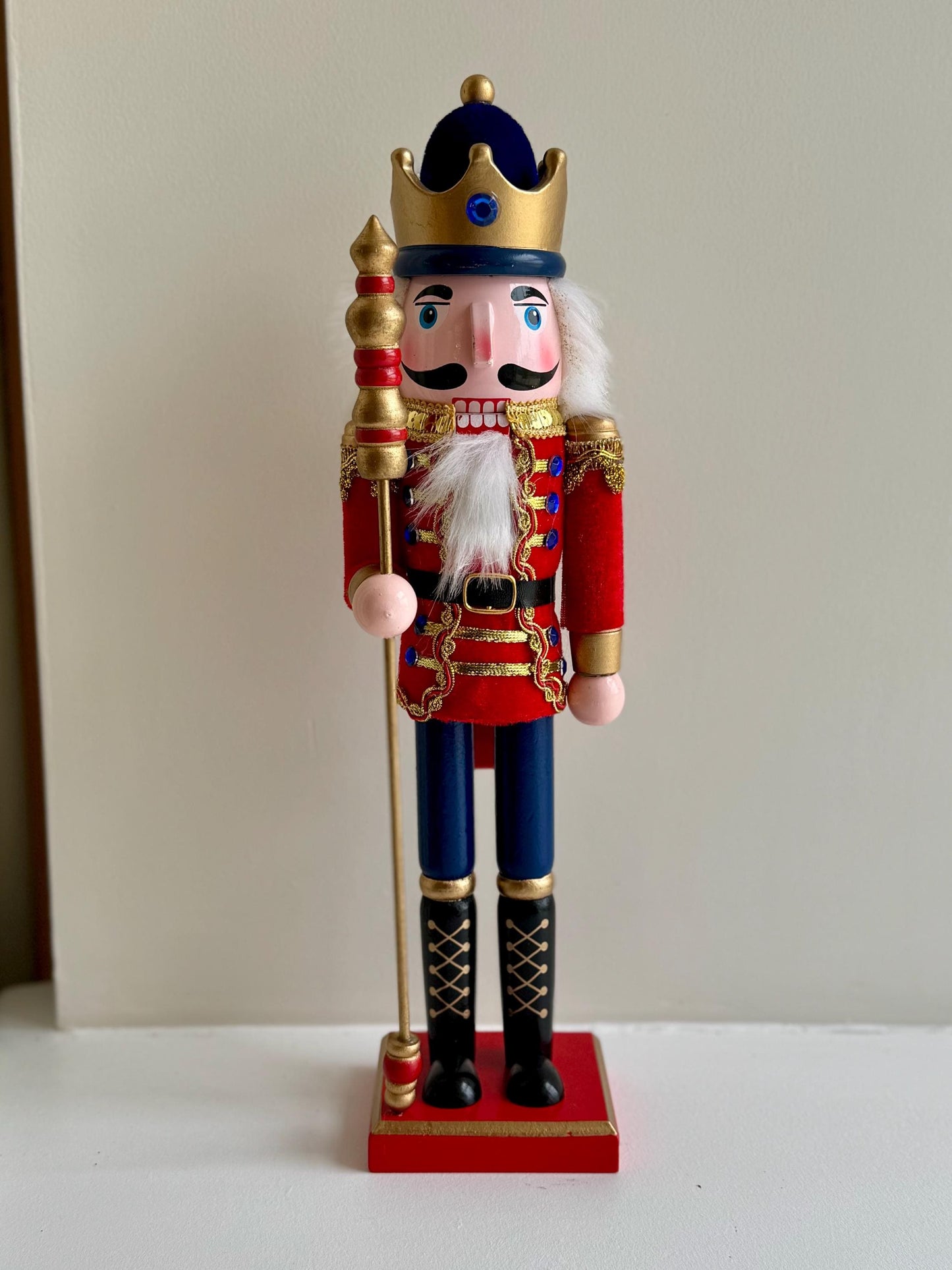 Large Hand Painted Red Velvet Wooden Nutcracker 38cm - Traditional Christmas Decoration
