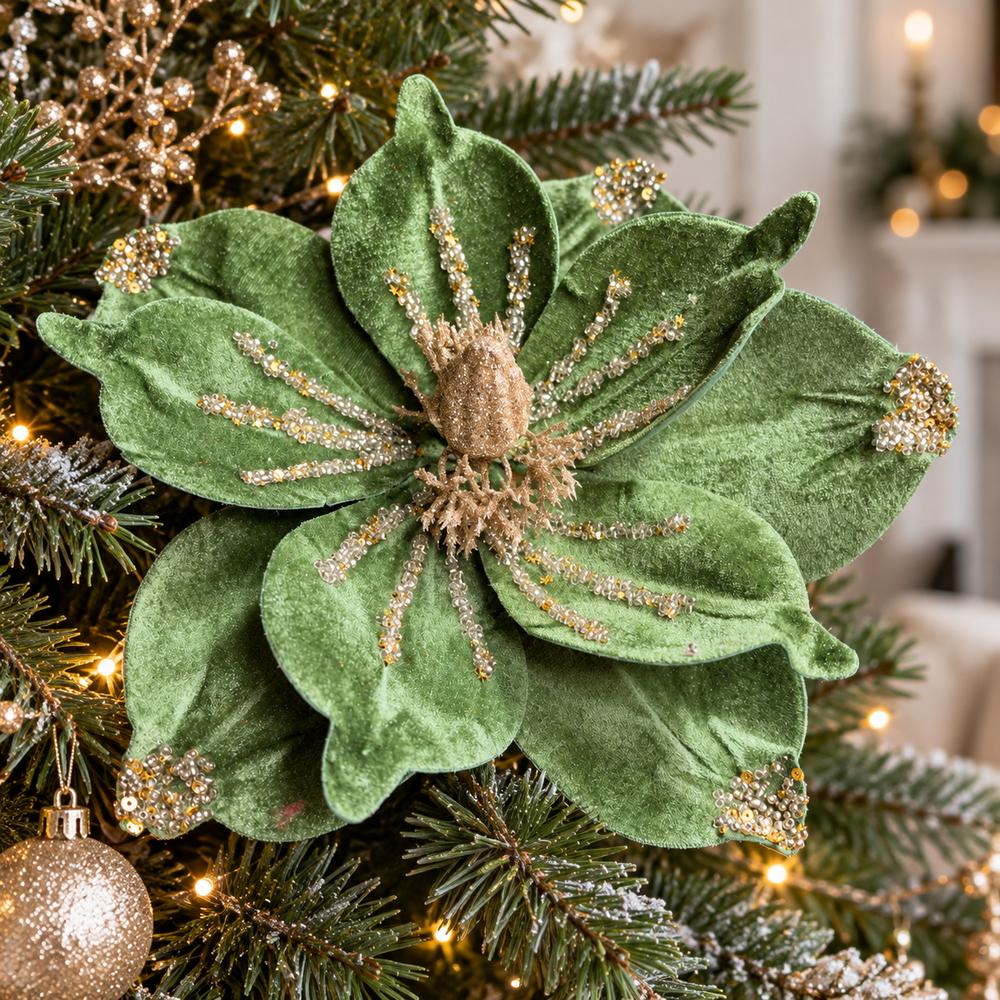 Jade Green Velvet Poinsettia Stem – 24cm