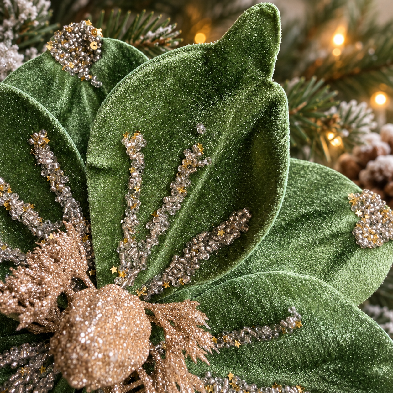 Close-up of jade green velvet petals with sparkling beads, gold sequins and a glittered centre.
