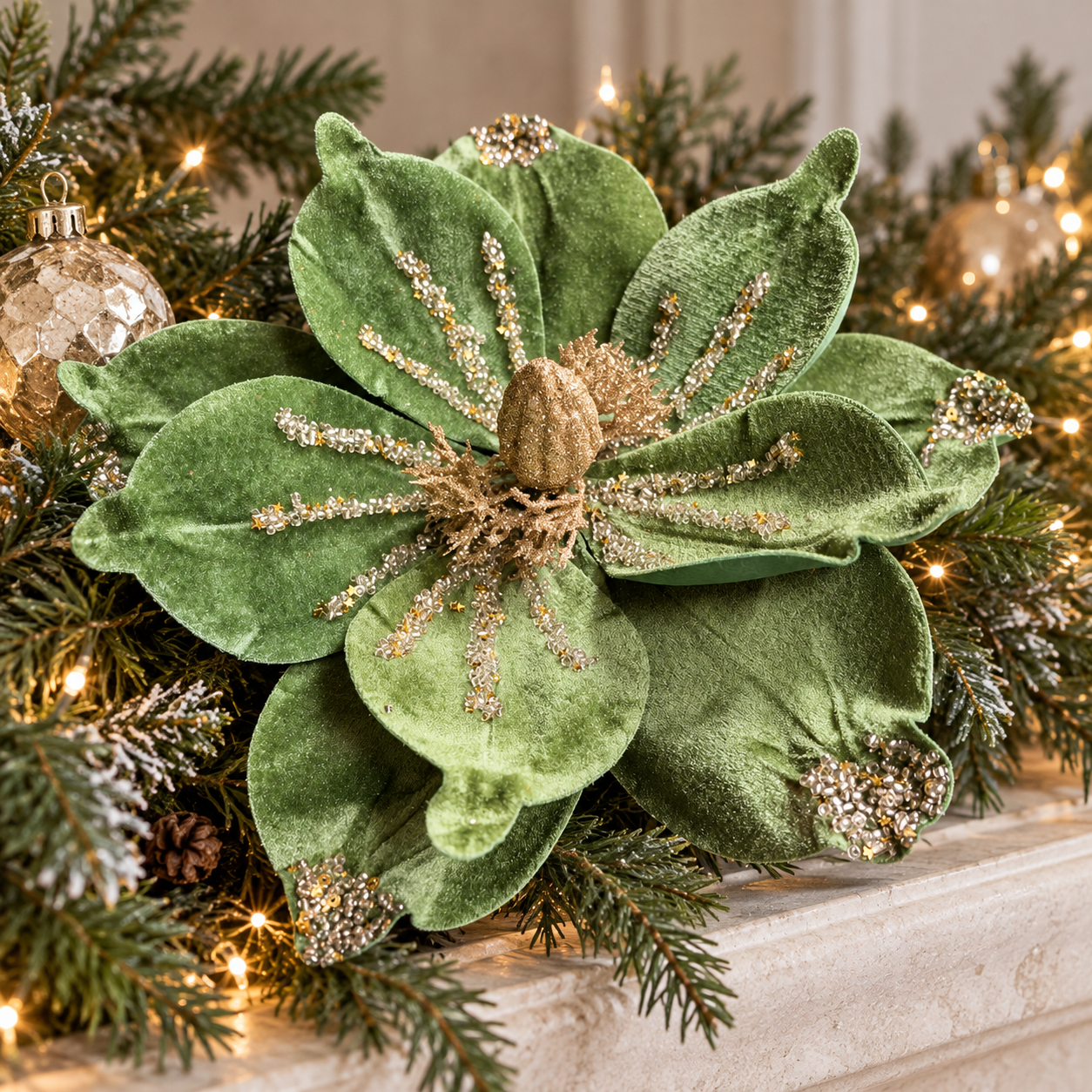 Jade green and gold poinsettia styled in a fir garland on a Christmas mantel.