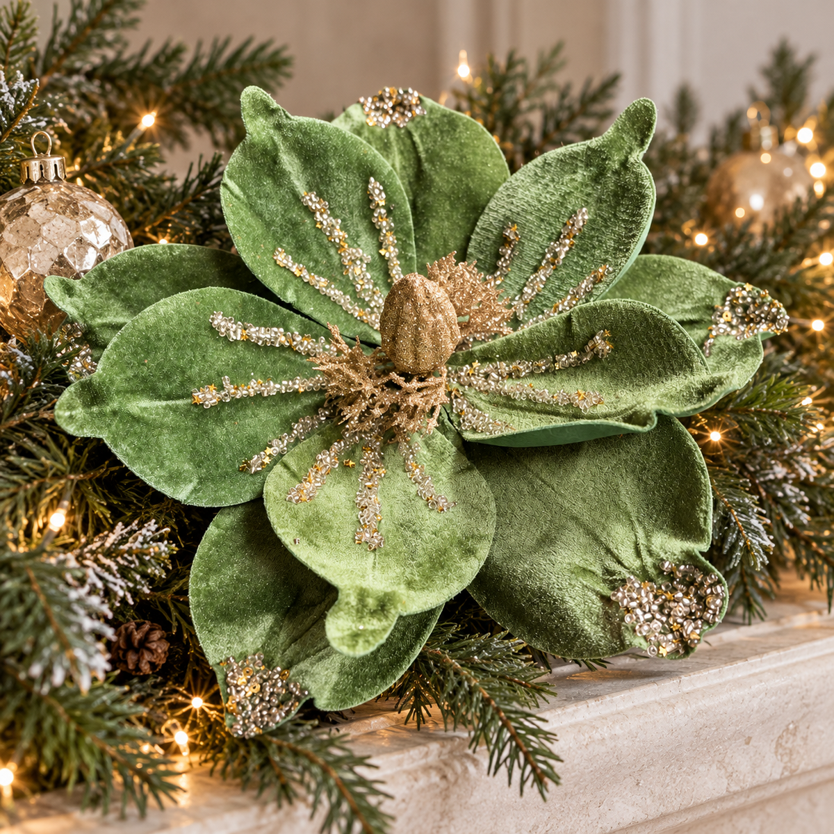 Jade green and gold poinsettia styled in a fir garland on a Christmas mantel.