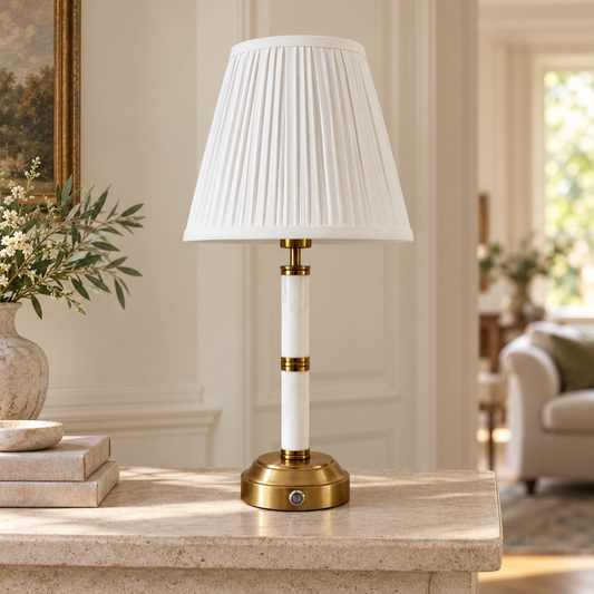 Kensington white marble and brushed gold rechargeable lamp with pleated shade