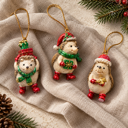 Three mini resin hedgehog bauble designs on oatmeal linen with gold hanging cords