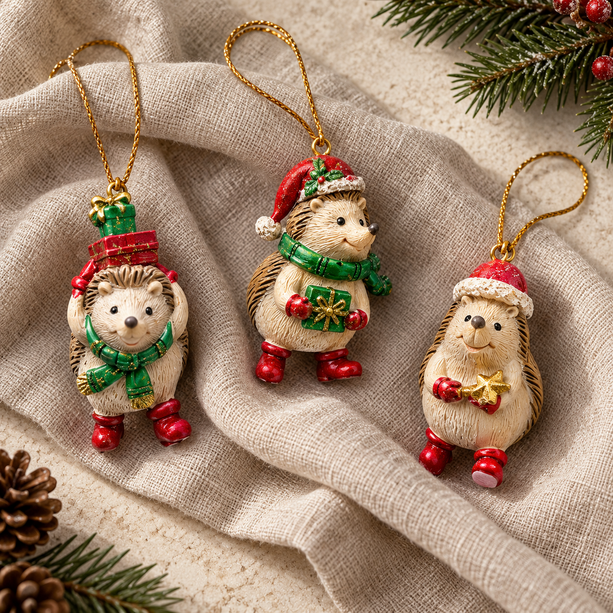 Three mini resin hedgehog bauble designs on oatmeal linen with gold hanging cords
