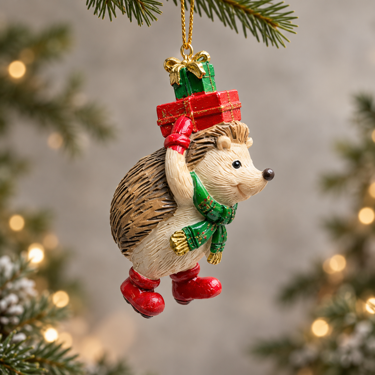 Stacked Presents hedgehog Christmas bauble with green scarf and red boots hanging on a tree