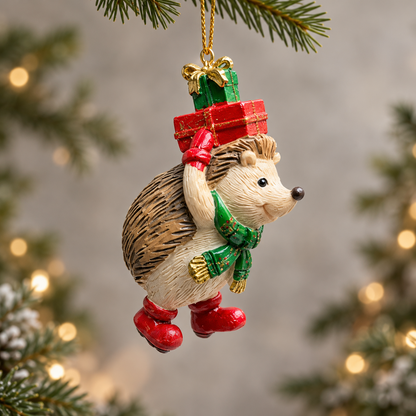 Stacked Presents hedgehog Christmas bauble with green scarf and red boots hanging on a tree