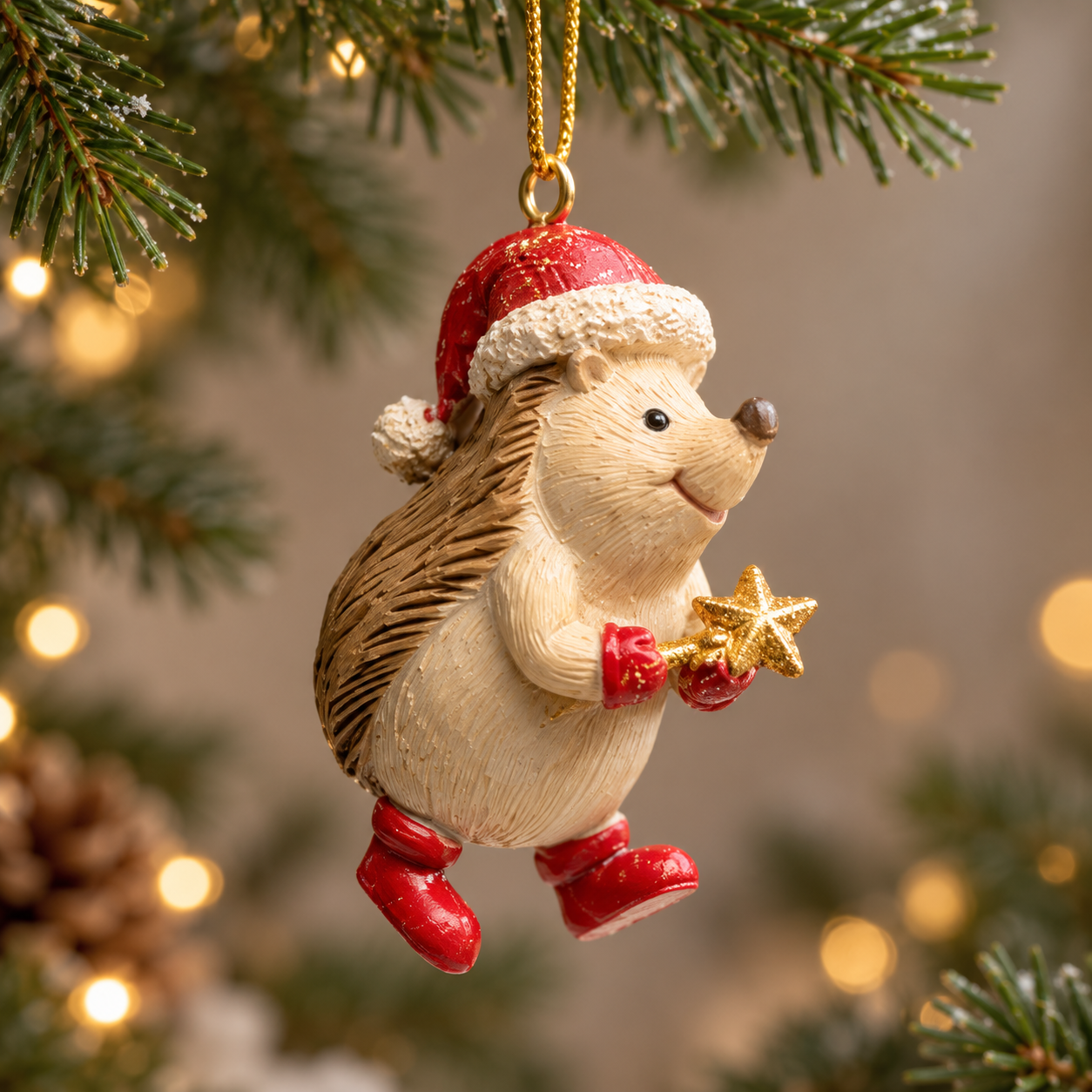 Gold Star hedgehog Christmas bauble wearing a red Santa hat and holding a gold star