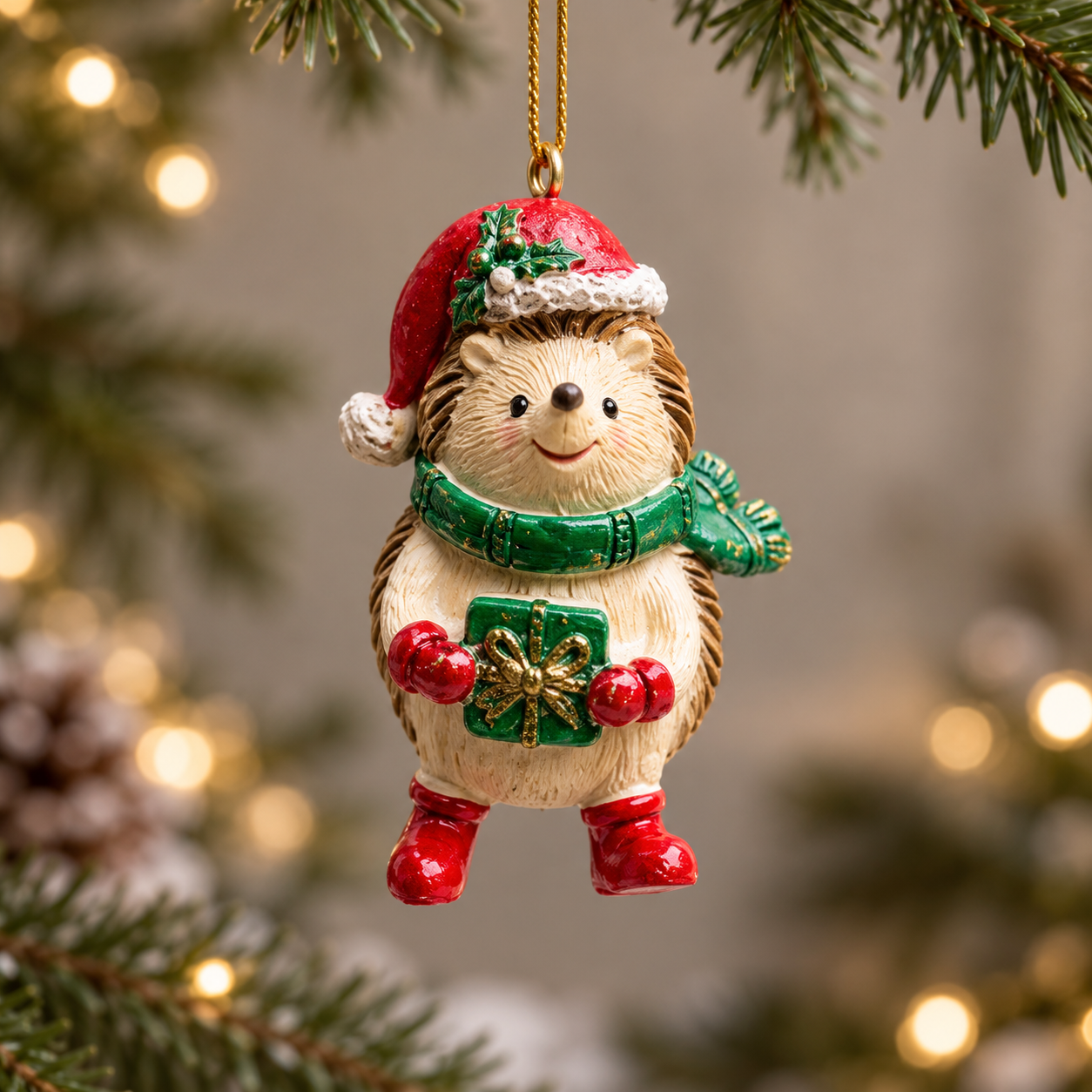 Santa Hat and Present hedgehog Christmas bauble with green scarf and wrapped green gift