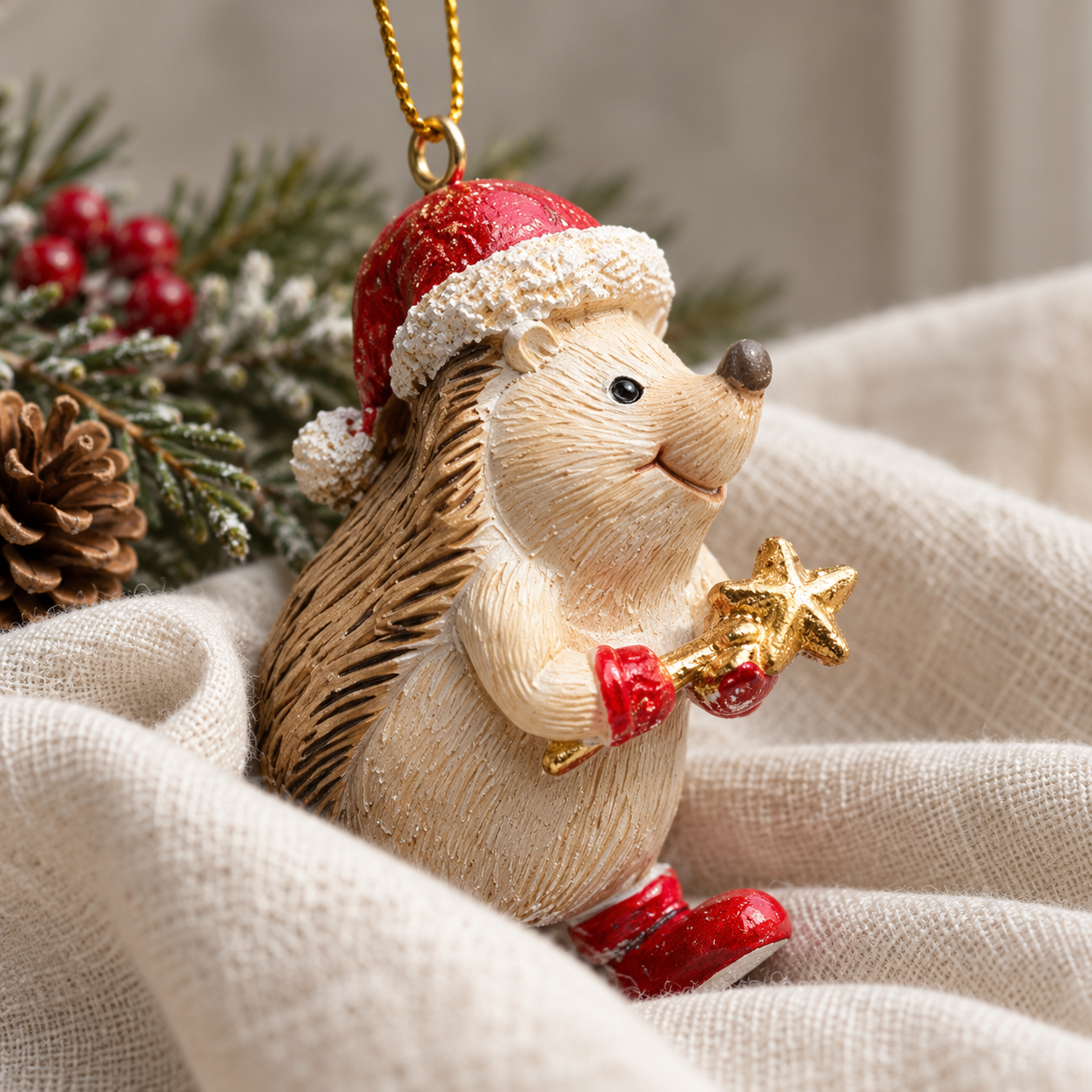 Close-up of the Gold Star resin hedgehog bauble showing textured quills and festive detail