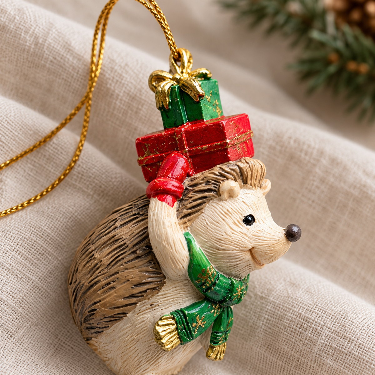 Close-up of the Stacked Presents hedgehog bauble showing red and green gifts and scarf
