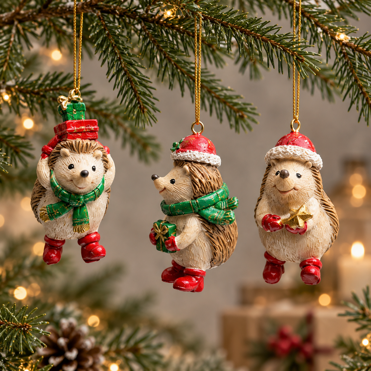Three handmade resin hedgehog Christmas baubles hanging from fir branches: stacked presents, gold star and Santa hat with present