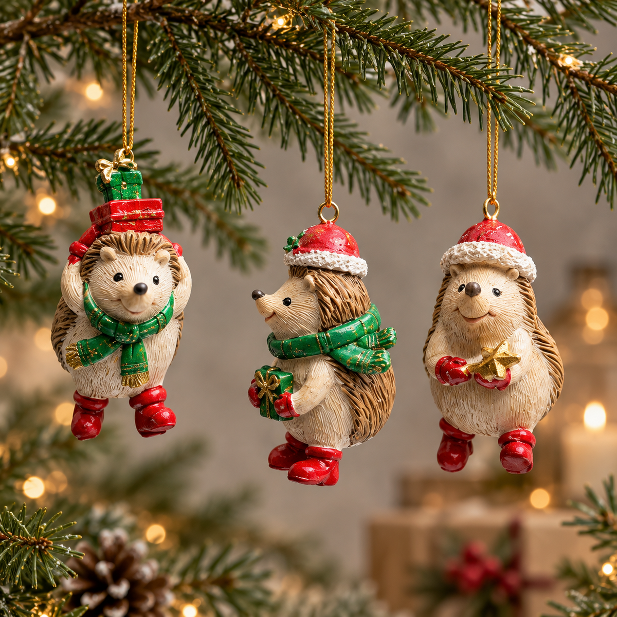 Three handmade resin hedgehog Christmas baubles hanging from fir branches: stacked presents, gold star and Santa hat with present