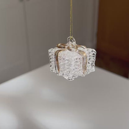 Clear Glass Present Christmas Bauble with Gold Ribbon
