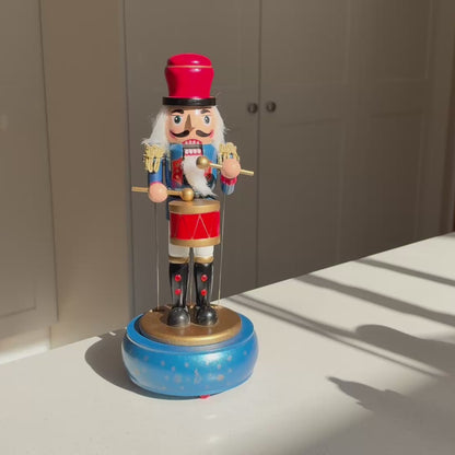 Musical Wooden Nutcracker Drummer, Hand-Painted Christmas Decoration, Blue Green or Red, 30cm