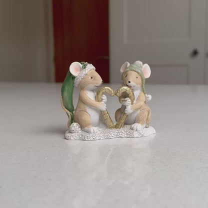 Festive Mice Holding a Gold Heart Resin Ornament