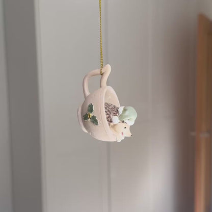 Festive Hedgehog in a Teacup Bauble – Resin Christmas Ornament