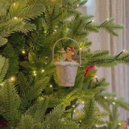 Robins on a bucket Christmas Bauble – Festive Holiday Decoration
