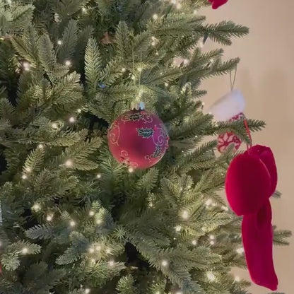 Red Glass Christmas Bauble with Holly & Gold Glitter – 8cm