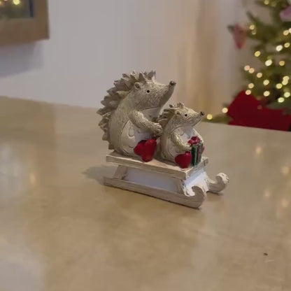 Hedgehogs on Sledge Christmas Ornament – Glitter Resin Winter Decoration