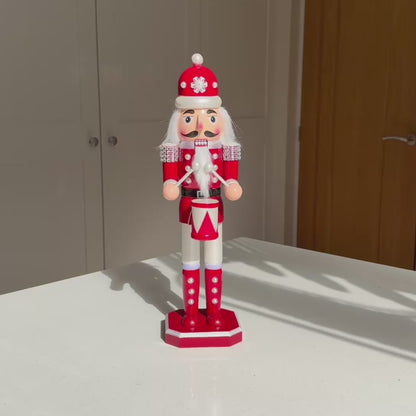 The Pearl Drummer – Handmade Red & White Wooden Nutcracker, 36cm