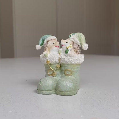 Hedgehogs in Winter Boots Christmas Ornament – Sage Green – 10cm