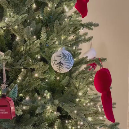 White Crackle Glass Bauble with Hand-Painted Leaf Design