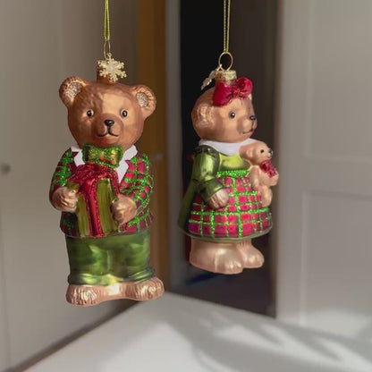Handmade Glass Christmas Bear Bauble – Two Designs, 12cm