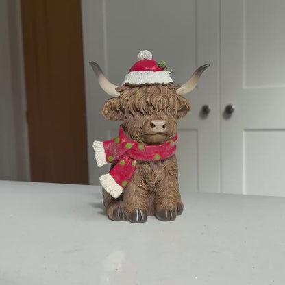 Festive Highland Cow Ornament with Red Scarf and Santa Hat – 17cm