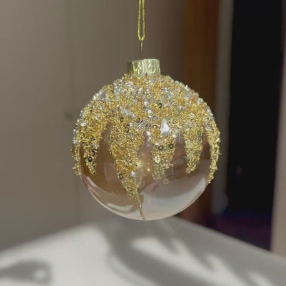 Gold Sequin & Crystal Glass Christmas Bauble – 8cm