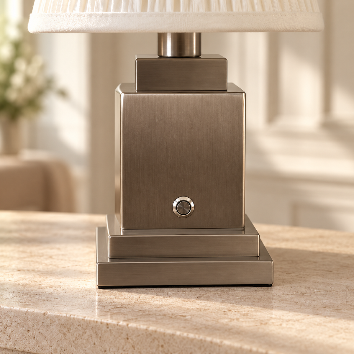steel lamp base and circular control button detail
