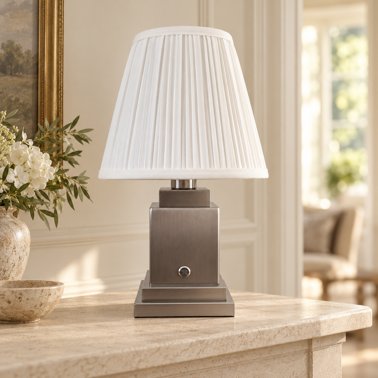 Beaumont brushed steel rechargeable lamp with white pleated shade