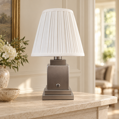Beaumont brushed steel rechargeable lamp with white pleated shade
