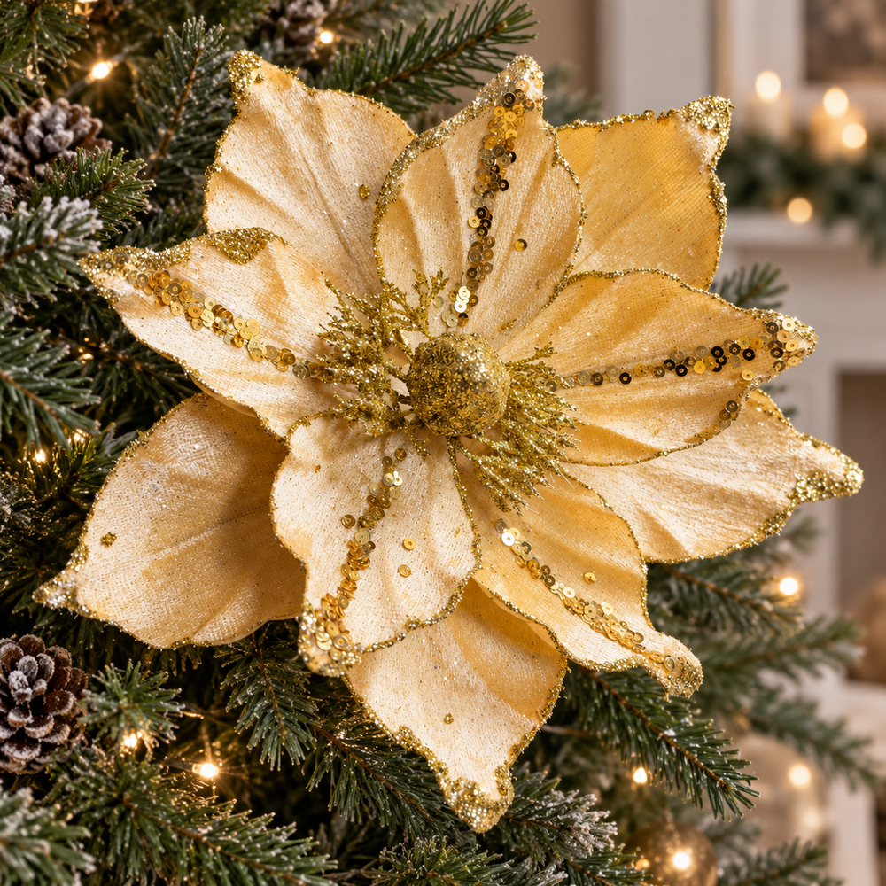 Yellow & Gold Glittered Poinsettia Stem – 20cm Christmas Flower