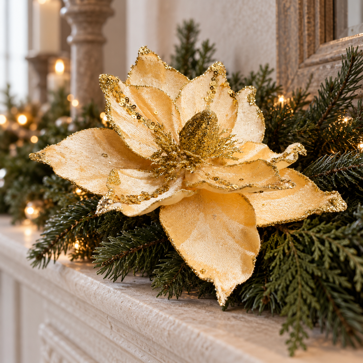 Yellow and gold poinsettia decoration arranged in a fir garland on a mantelpiece.