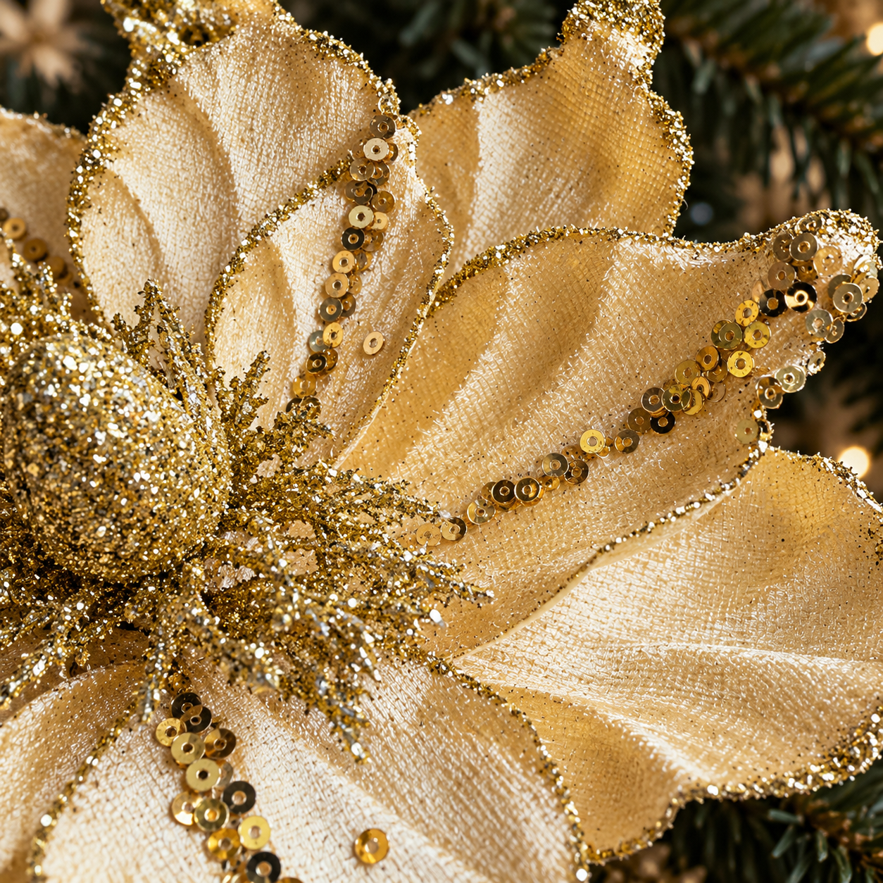 Close-up of textured yellow poinsettia petals with gold sequins and glittered edges.