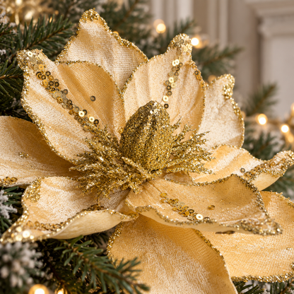 Detail of the gold glittered centre and layered yellow petals of the poinsettia decoration.